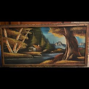 Early 19th Century Black Velvet Landscape Oil Painting, Hand Carved Frame
